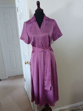 Tahari Pink and Purple Wrap Midi Dress with Tie Waist